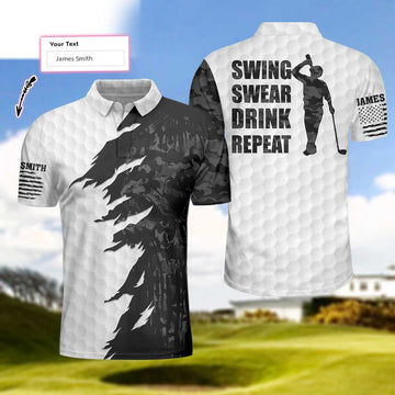 Swing Swear Drink Repeat Ripped Camouflage Skull Golf Custom Polo Shirt, Personalized Black And White Golf Shirt For Men