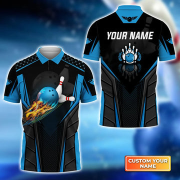 The Blue Bowling Ball in Flames Breaks White Skittles 3D Polo Shirt, Gift for Bowling Lover, Bowling Shirt for Men