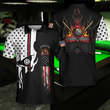 The Chosen Ones Skull Billiards Pool Polo Shirt, 8-ball Black And White Skull American Flag Billiards Shirt For Men