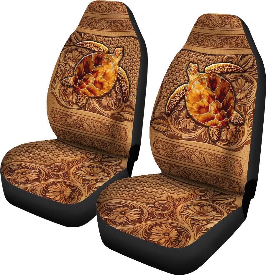 Turtle Leather Embossed Print Car Seat Covers, Car Seat Set of Two, Automotive Seat Covers Set