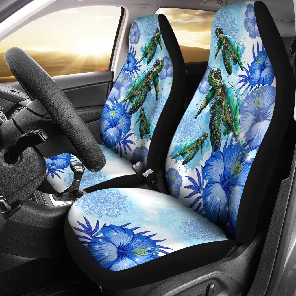 Turtle Sea Turtle With Flower Car Seat Covers, Car Seat Set Of Two, Automotive Seat Covers