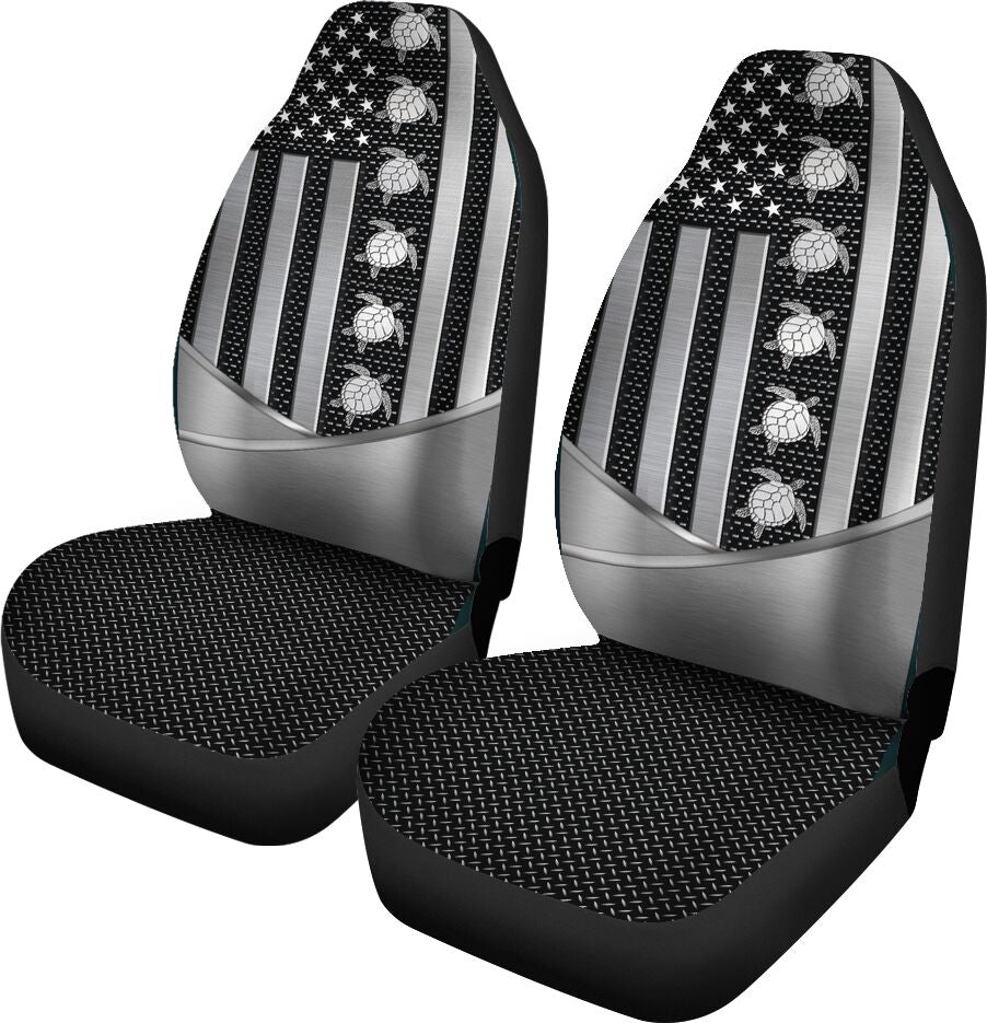 Turtle USA Flag Silver Metal Car Seat Covers, Car Seat Set Of Two, Automotive Seat Covers