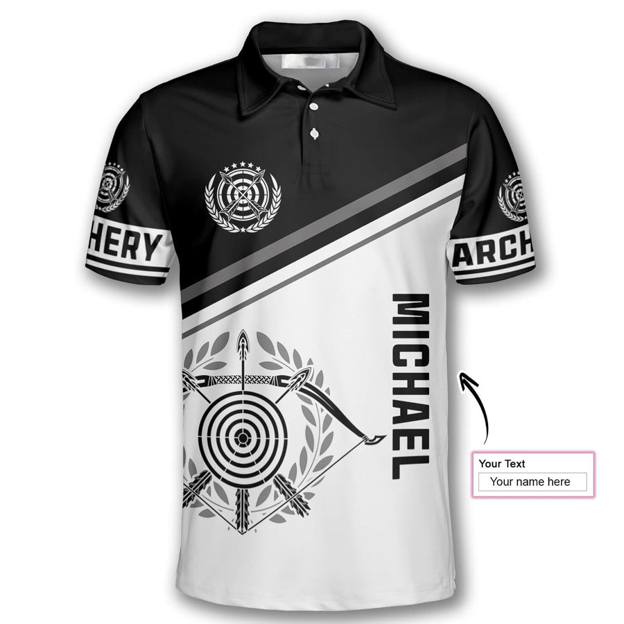 Archery Emblem Black White Version Custom Archery Shirts for Men, Custom Archery Shirts for Team, Men's Archery Polo Shirts