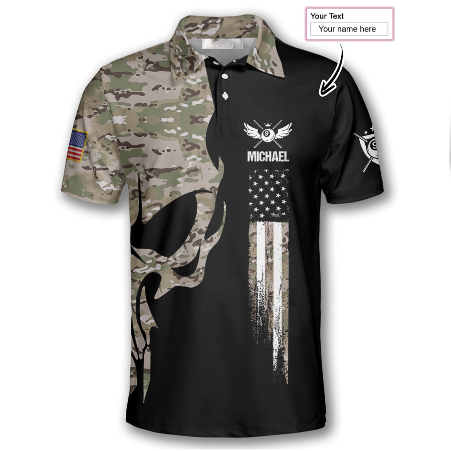 9 Ball Skull Camouflage Custom Billiard Shirts for Men, Custom Billiard Shirts for Team, Billiard Polo Shirts