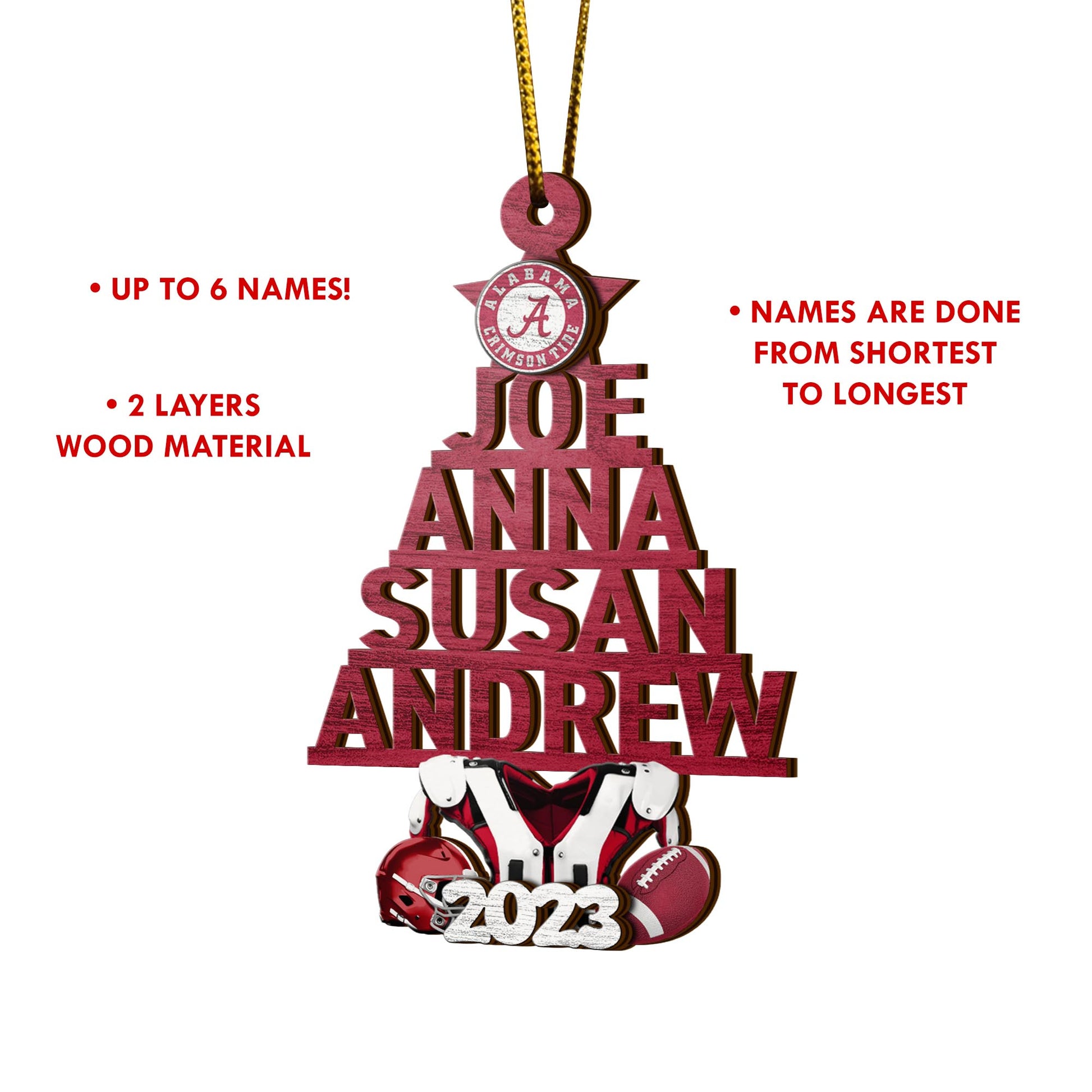 Alabama Crimson Tide 2 Layered Piece Wooden Ornament Custom Names And Choose Number Of Names, Sport Team And Christmas Tree Ornament ETRG-52210