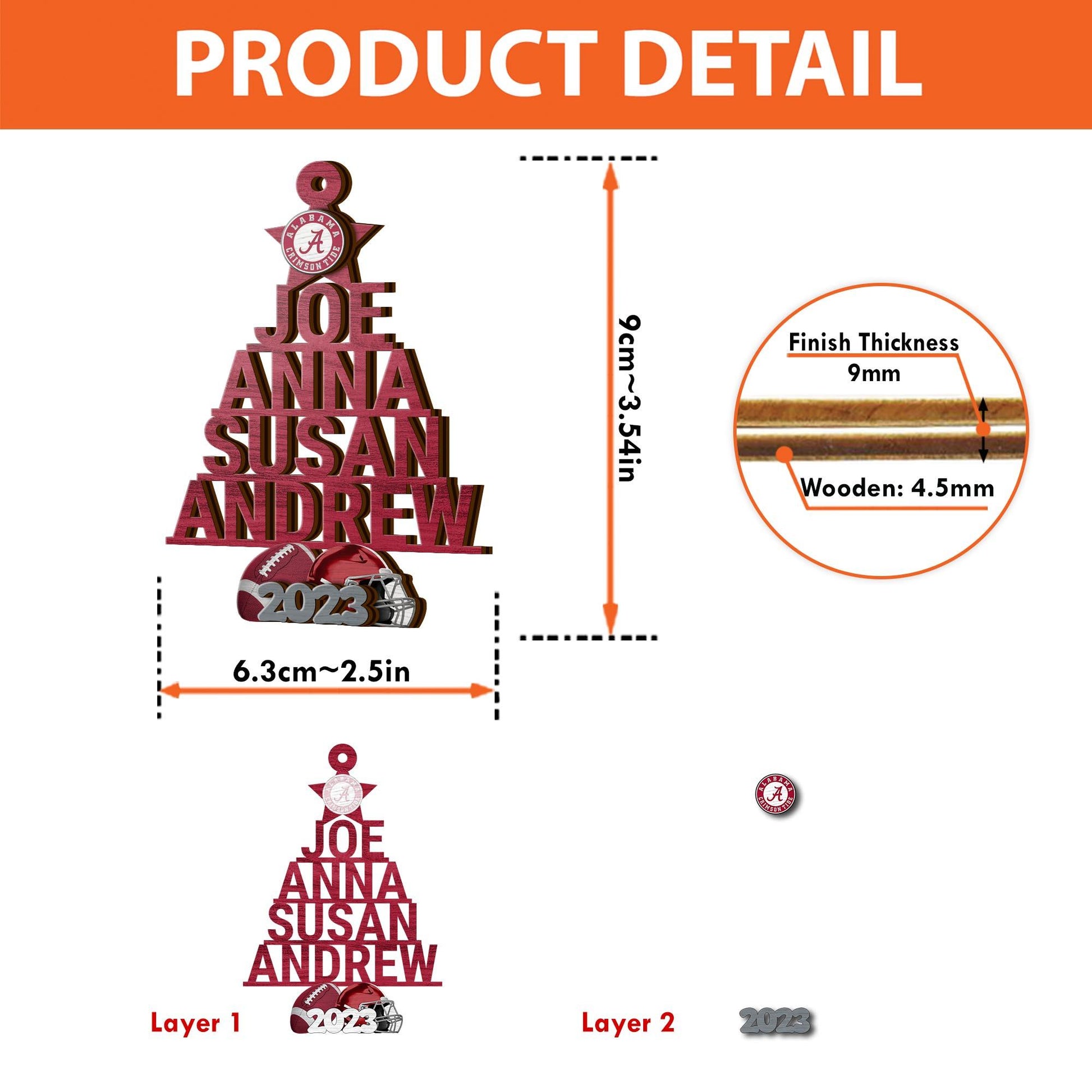 Alabama Crimson Tide 3 Layered Piece Wooden Ornament Custom Names And Choose Number Of Names, Sport Team And Christmas Tree Ornament, Sport Gifts ETRG-51938