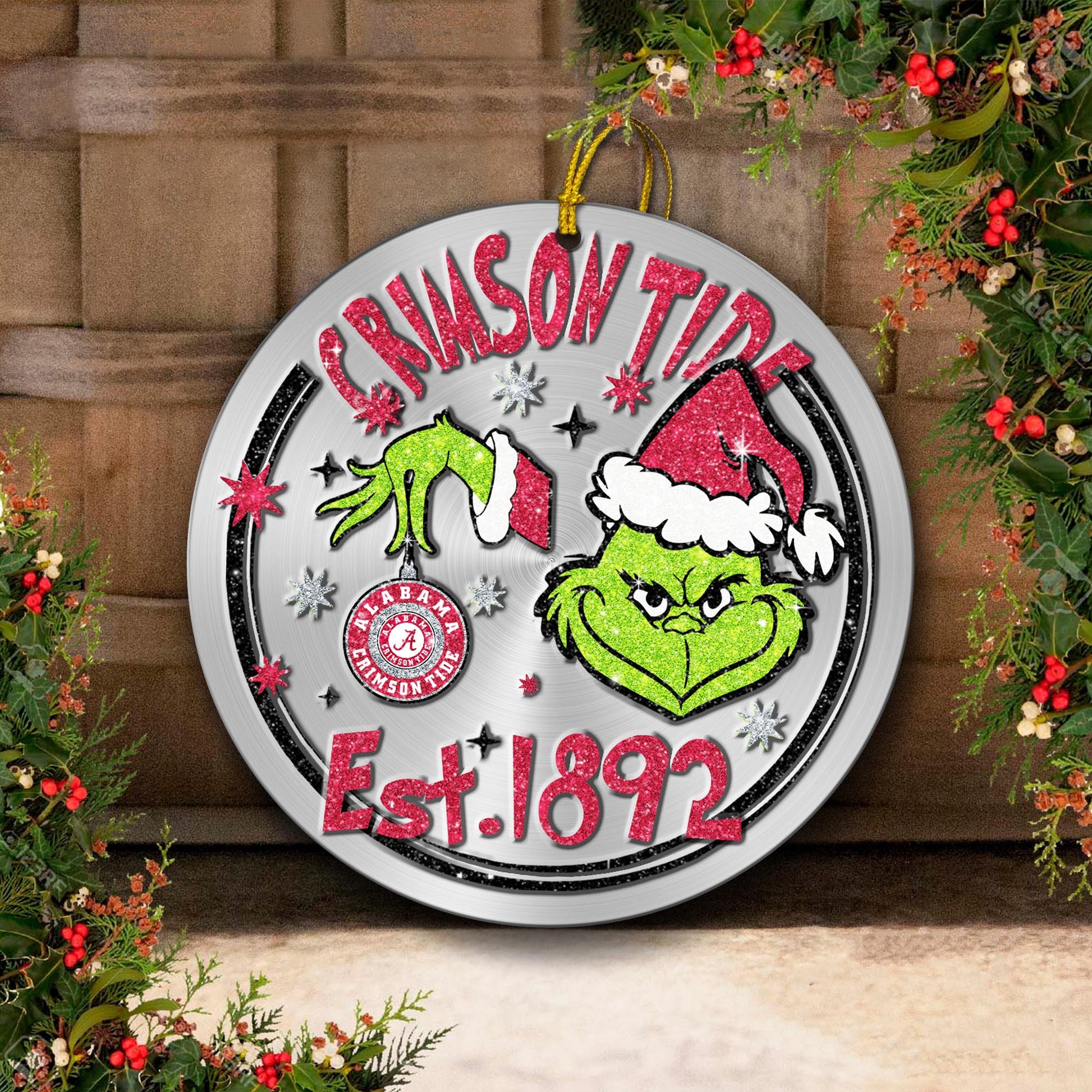 Alabama Crimson Tide Grinch Circle Aluminium Ornament 2 Side Trending New Arrivals H52900 ETUG311023