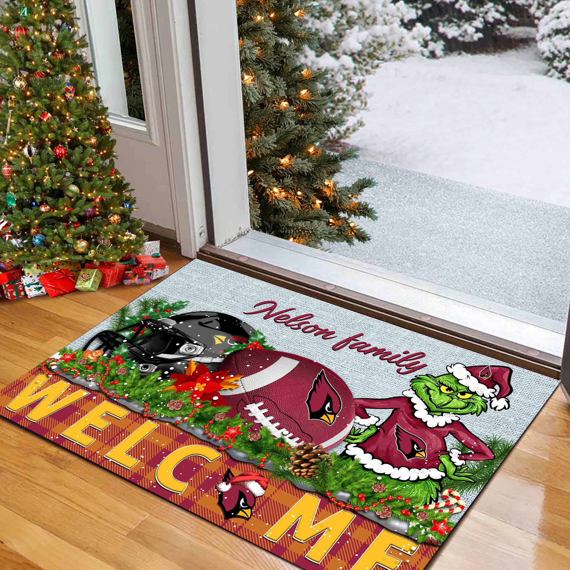Arizona Cardinals Football Team Doormat Personalized Your Family Name, Sport And Grinch Doormat, Football Lovers Gifts, Home Decorations ETHY-53152