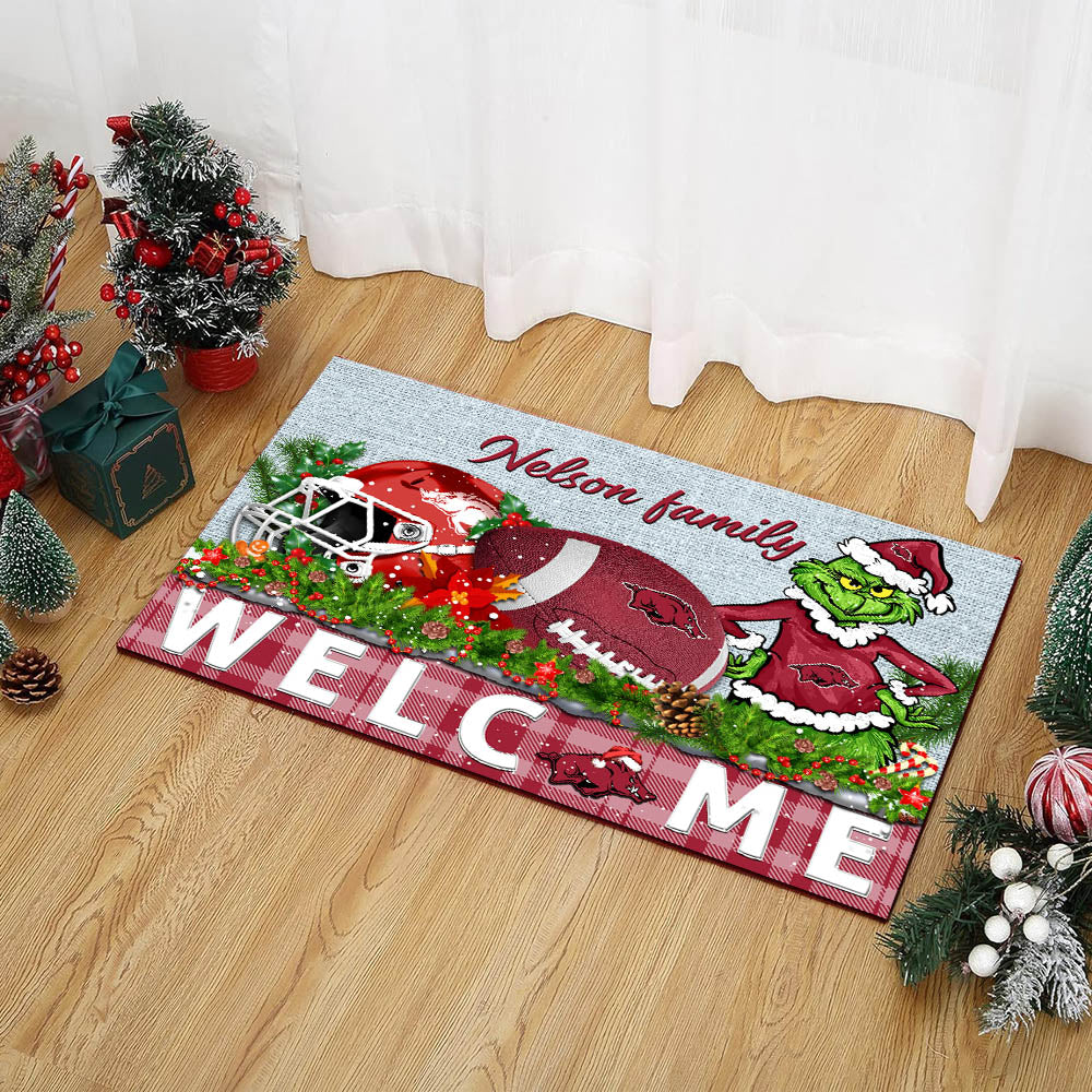 Arkansas Razorbacks Football Team Doormat Personalized Your Family Name, Sport And Grinch Doormat, Football Lovers Gifts, Home Decorations ETHY-53152