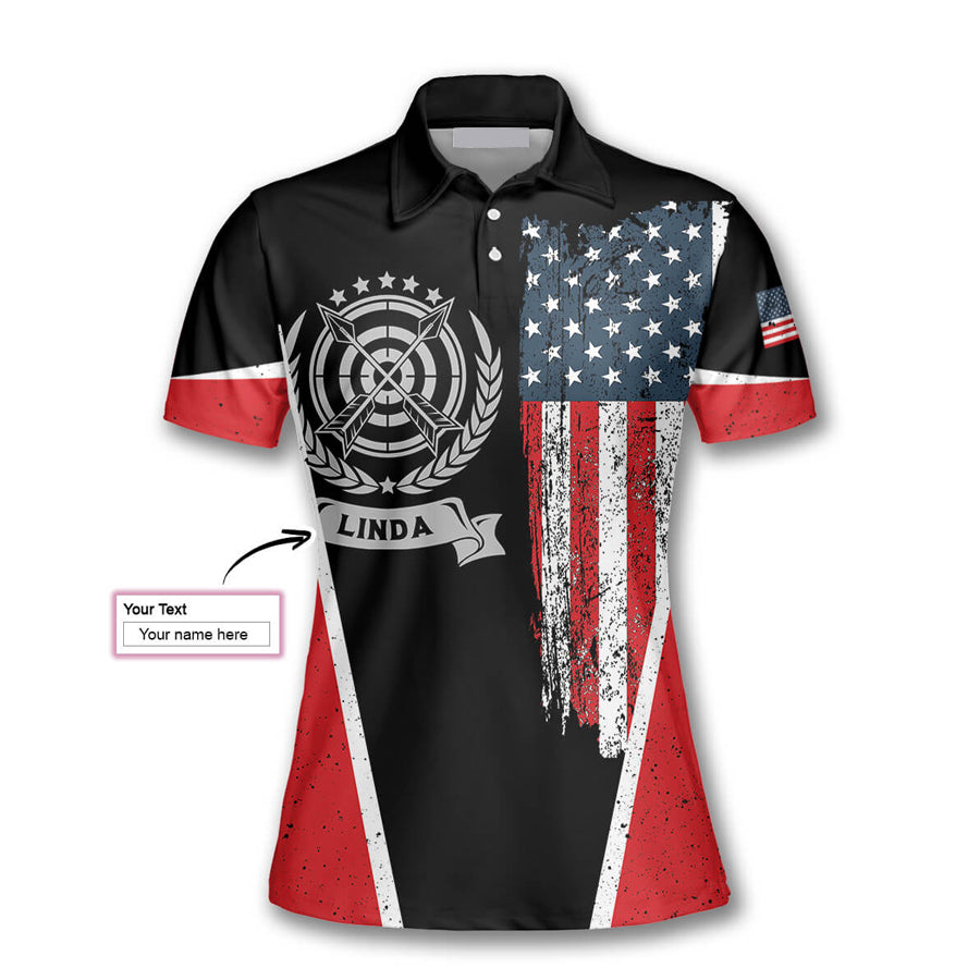 Vintage American Flag Emblem Custom Archery Shirts for Women, Short Sleeve Women Polo Shirt For Ladies