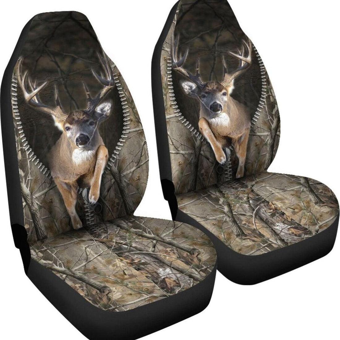 3D All Over Printed Deer Hunting Zipper Camo Car Seat Covers, Front Carseat Cover With Deer Hunting
