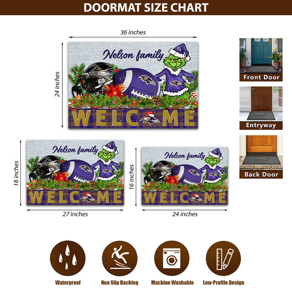 Baltimore Ravens Football Team Doormat Personalized Your Family Name, Sport And Grinch Doormat, Football Lovers Gifts, Home Decorations ETHY-53152