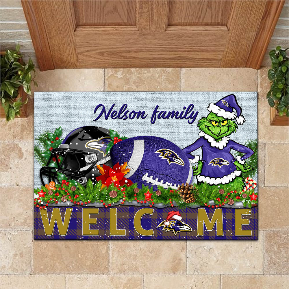Baltimore Ravens Football Team Doormat Personalized Your Family Name, Sport And Grinch Doormat, Football Lovers Gifts, Home Decorations ETHY-53152