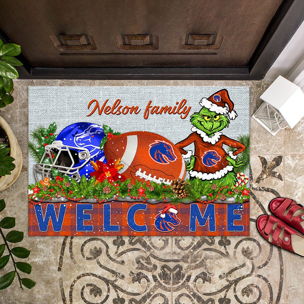 Boise State Broncos Football Team Doormat Personalized Your Family Name, Sport And Grinch Doormat, Football Lovers Gifts, Home Decorations ETHY-53152