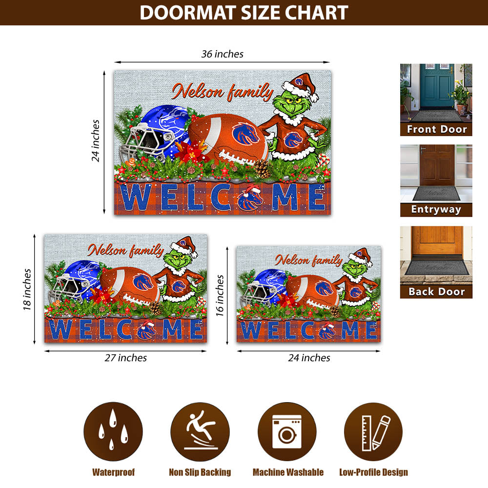 Boise State Broncos Football Team Doormat Personalized Your Family Name, Sport And Grinch Doormat, Football Lovers Gifts, Home Decorations ETHY-53152