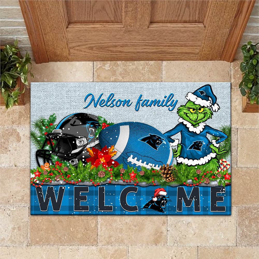 Carolina Panthers Football Team Doormat Personalized Your Family Name, Sport And Grinch Doormat, Football Lovers Gifts, Home Decorations ETHY-53152
