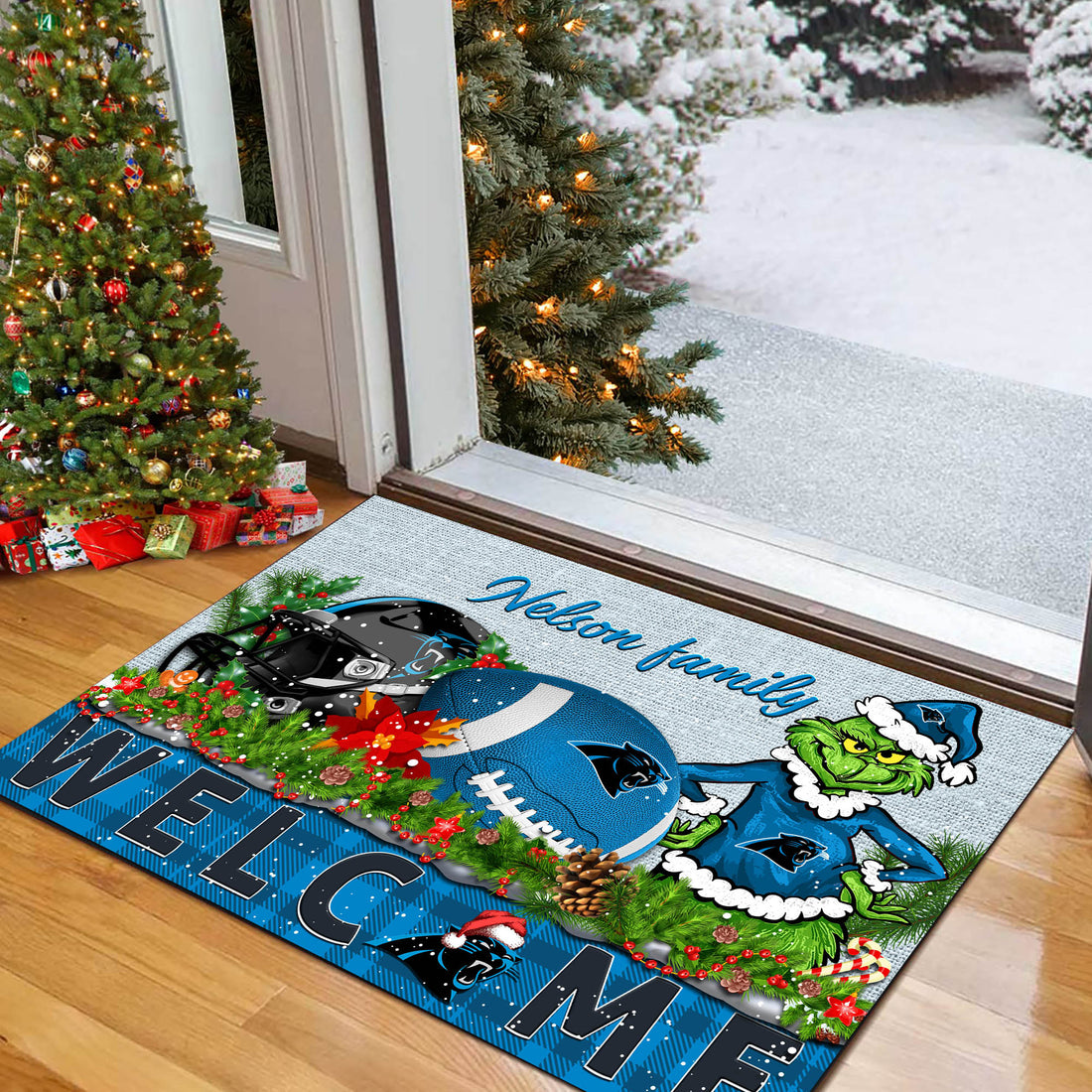 Carolina Panthers Football Team Doormat Personalized Your Family Name, Sport And Grinch Doormat, Football Lovers Gifts, Home Decorations ETHY-53152