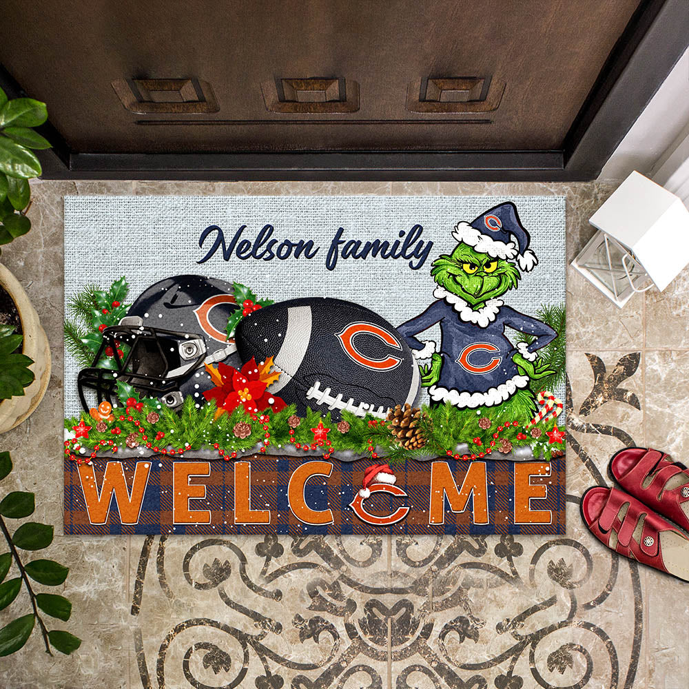 Chicago Bears Football Team Doormat Personalized Your Family Name, Sport And Grinch Doormat, Football Lovers Gifts, Home Decorations ETHY-53152