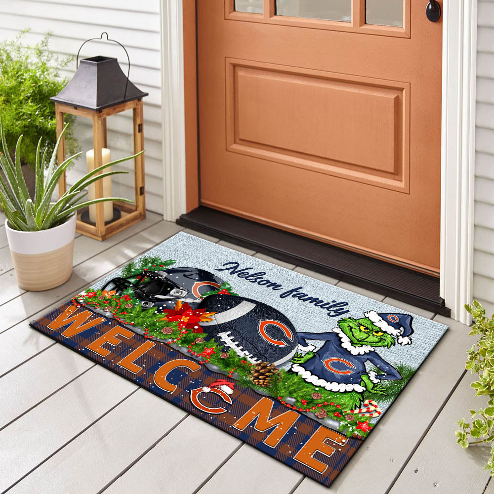 Chicago Bears Football Team Doormat Personalized Your Family Name, Sport And Grinch Doormat, Football Lovers Gifts, Home Decorations ETHY-53152