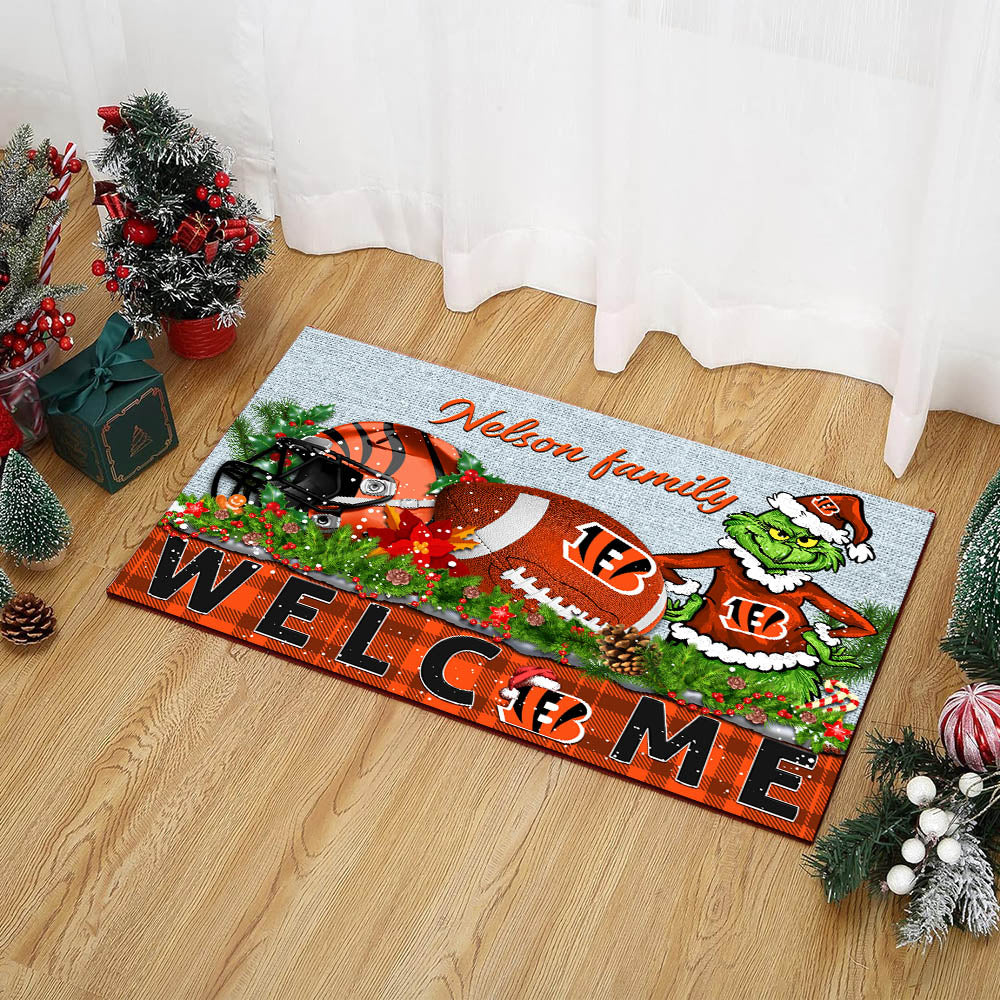 Cincinnati Bengals Football Team Doormat Personalized Your Family Name, Sport And Grinch Doormat, Football Lovers Gifts, Home Decorations ETHY-53152