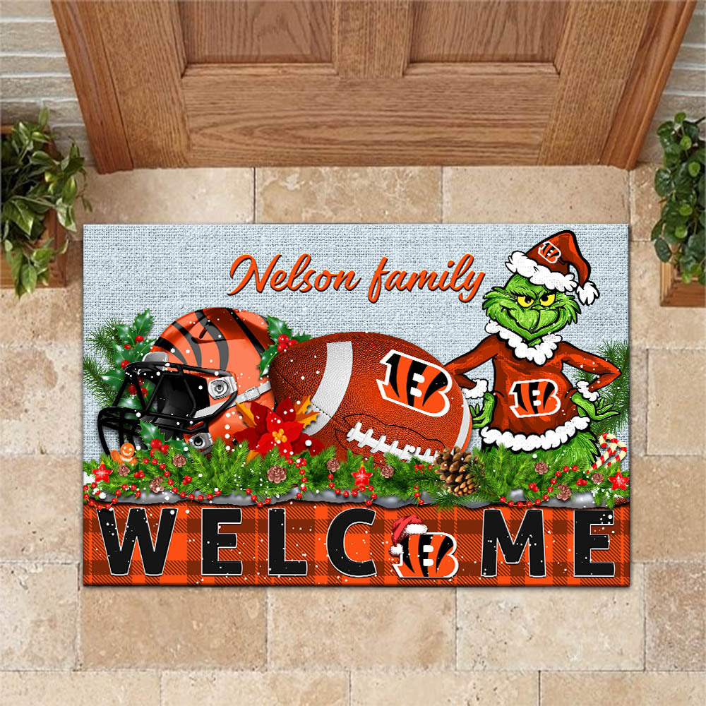 Cincinnati Bengals Football Team Doormat Personalized Your Family Name, Sport And Grinch Doormat, Football Lovers Gifts, Home Decorations ETHY-53152