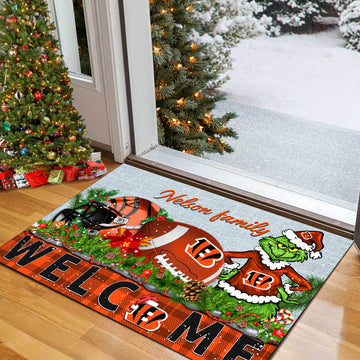 Cincinnati Bengals Football Team Doormat Personalized Your Family Name, Sport And Grinch Doormat, Football Lovers Gifts, Home Decorations ETHY-53152