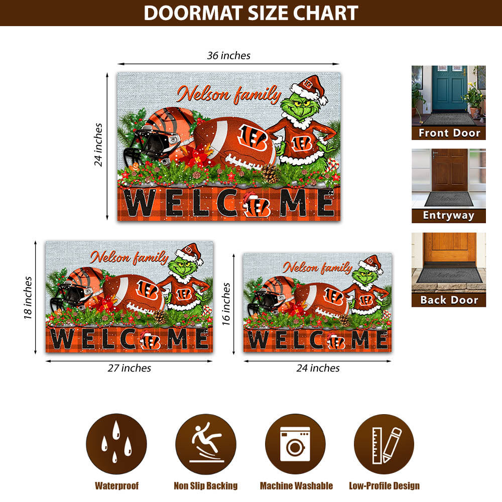 Cincinnati Bengals Football Team Doormat Personalized Your Family Name, Sport And Grinch Doormat, Football Lovers Gifts, Home Decorations ETHY-53152