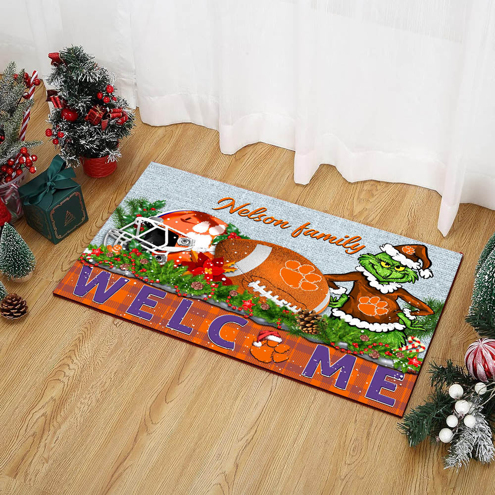 Clemson Tigers Football Team Doormat Personalized Your Family Name, Sport And Grinch Doormat, Football Lovers Gifts, Home Decorations ETHY-53152