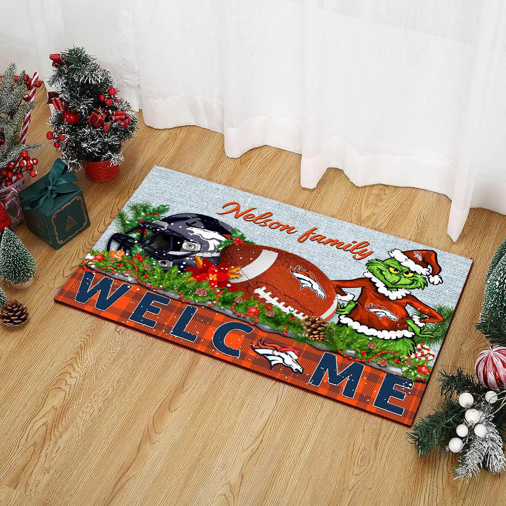 Denver Broncos Football Team Doormat Personalized Your Family Name, Sport And Grinch Doormat, Football Lovers Gifts, Home Decorations ETHY-53152