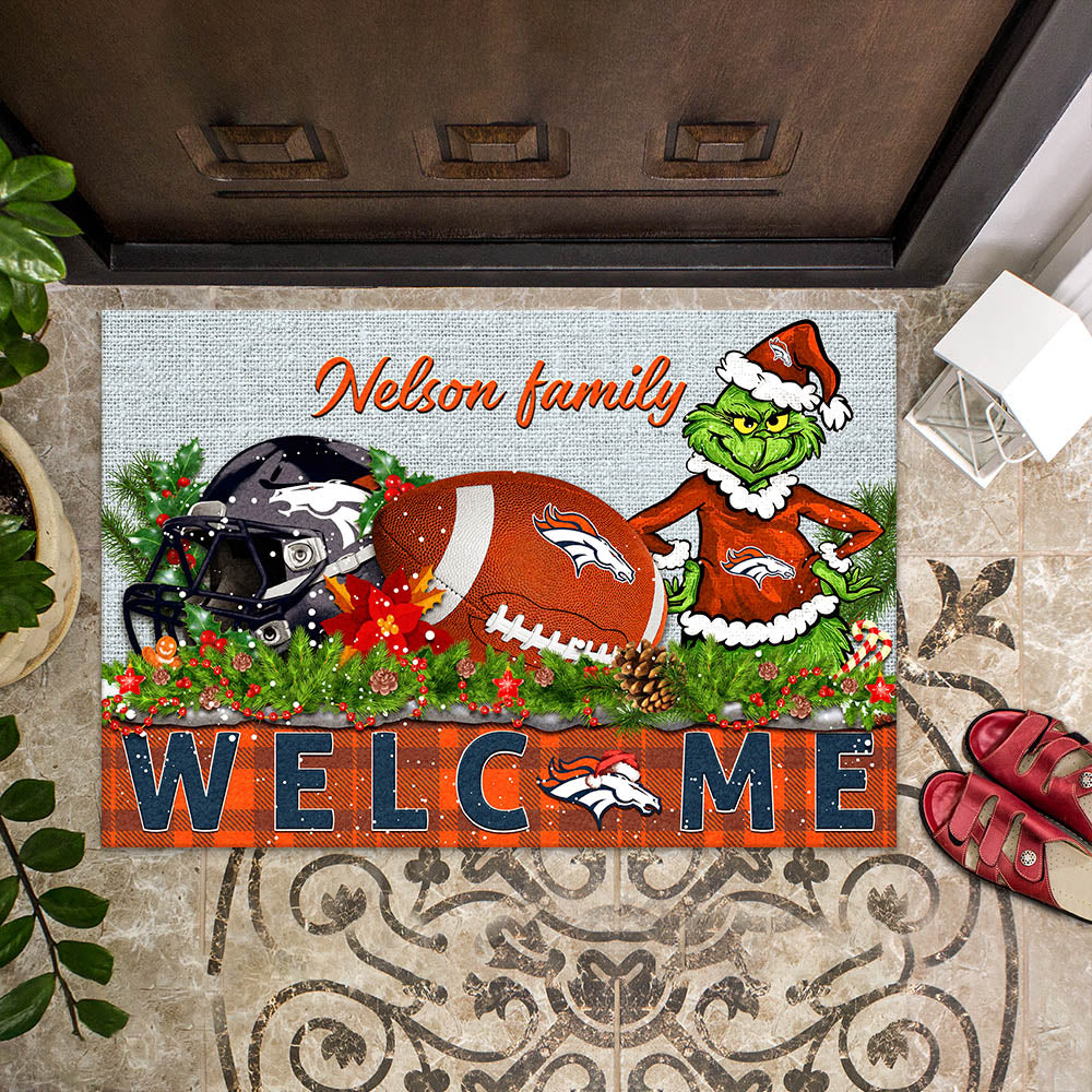 Denver Broncos Football Team Doormat Personalized Your Family Name, Sport And Grinch Doormat, Football Lovers Gifts, Home Decorations ETHY-53152