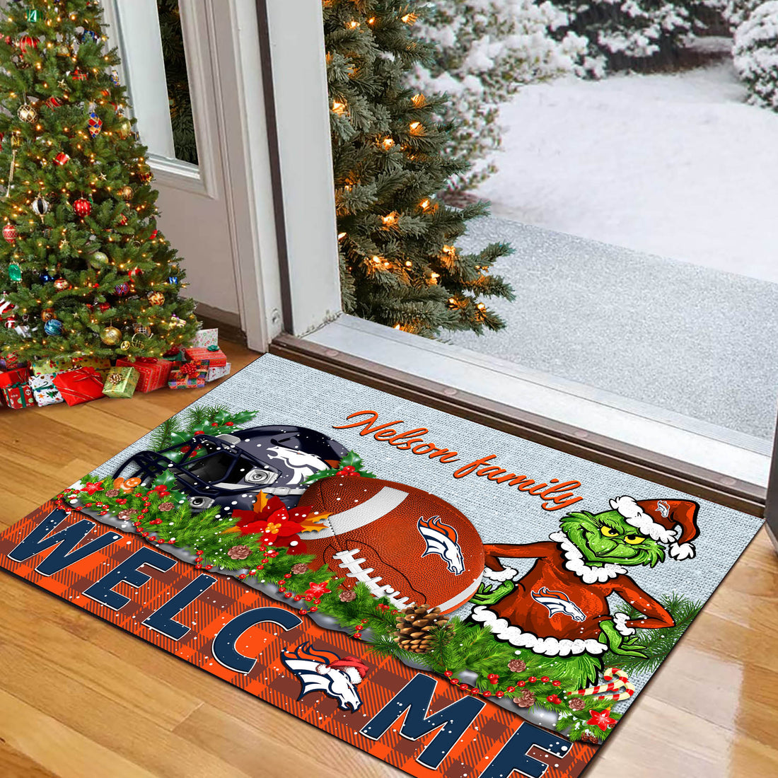 Denver Broncos Football Team Doormat Personalized Your Family Name, Sport And Grinch Doormat, Football Lovers Gifts, Home Decorations ETHY-53152