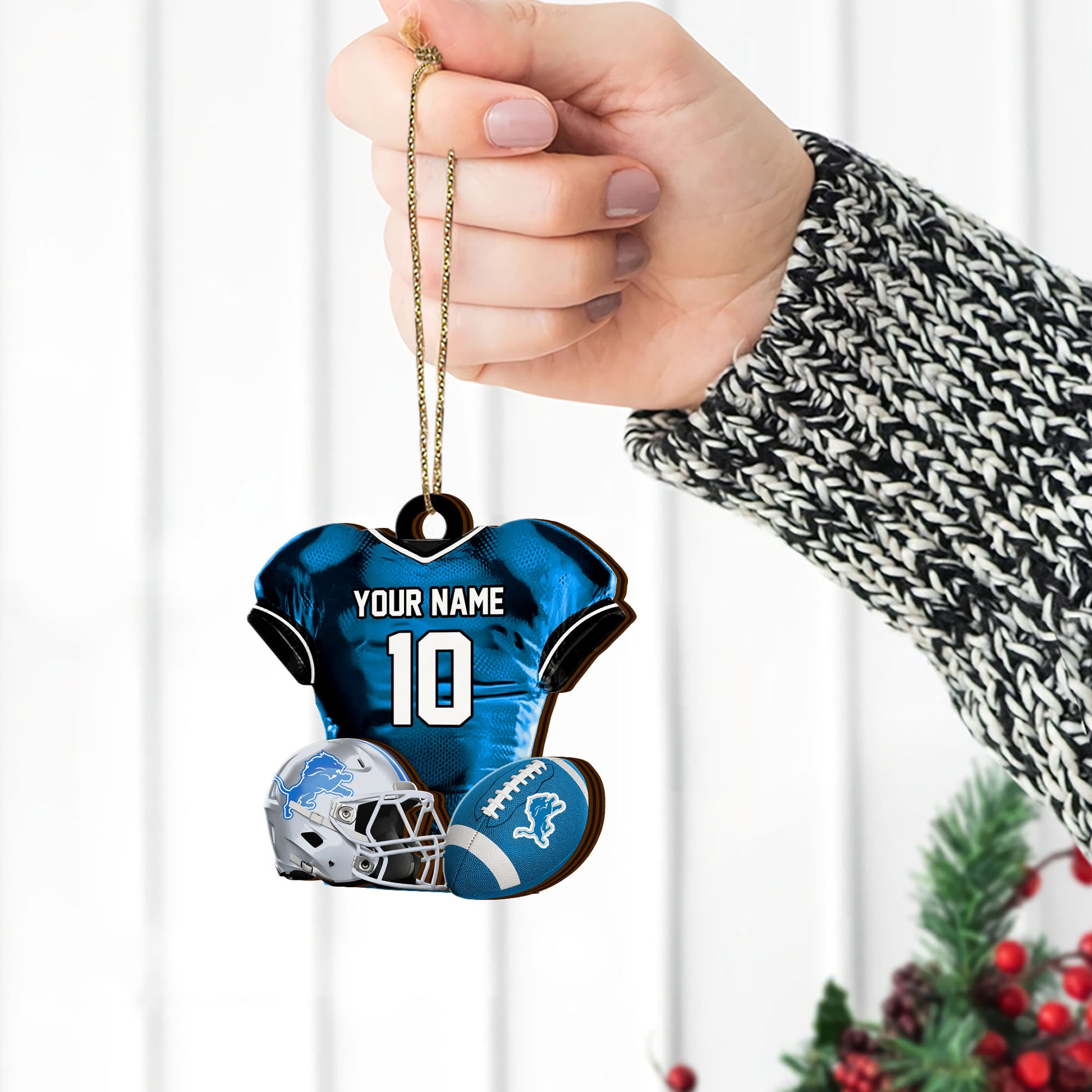 Detroit Lions 2 Layered Piece Wooden Ornament Custom Name And Number, Sport Team Ornament, Sport Gifts ETRG-52175