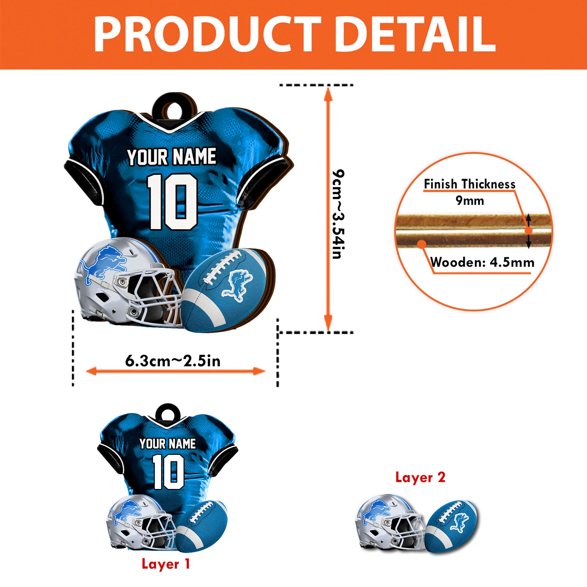 Detroit Lions 2 Layered Piece Wooden Ornament Custom Name And Number, Sport Team Ornament, Sport Gifts ETRG-52175