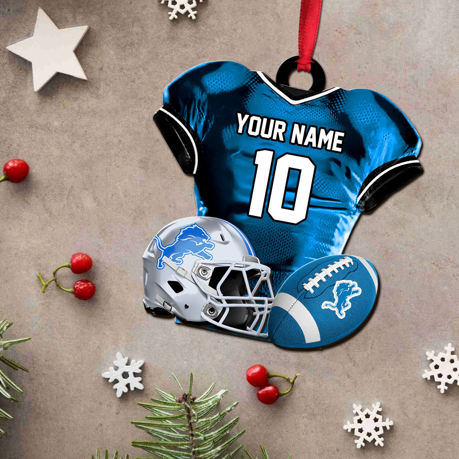 Detroit Lions 2 Layered Piece Wooden Ornament Custom Name And Number, Sport Team Ornament, Sport Gifts ETRG-52175