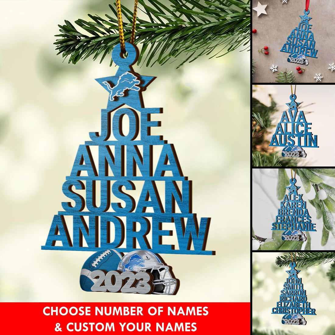 Detroit Lions 3 Layered Piece Wooden Ornament Custom Names And Choose Number Of Names, Sport Team And Christmas Tree Ornament, Sport Gifts ETRG-51794