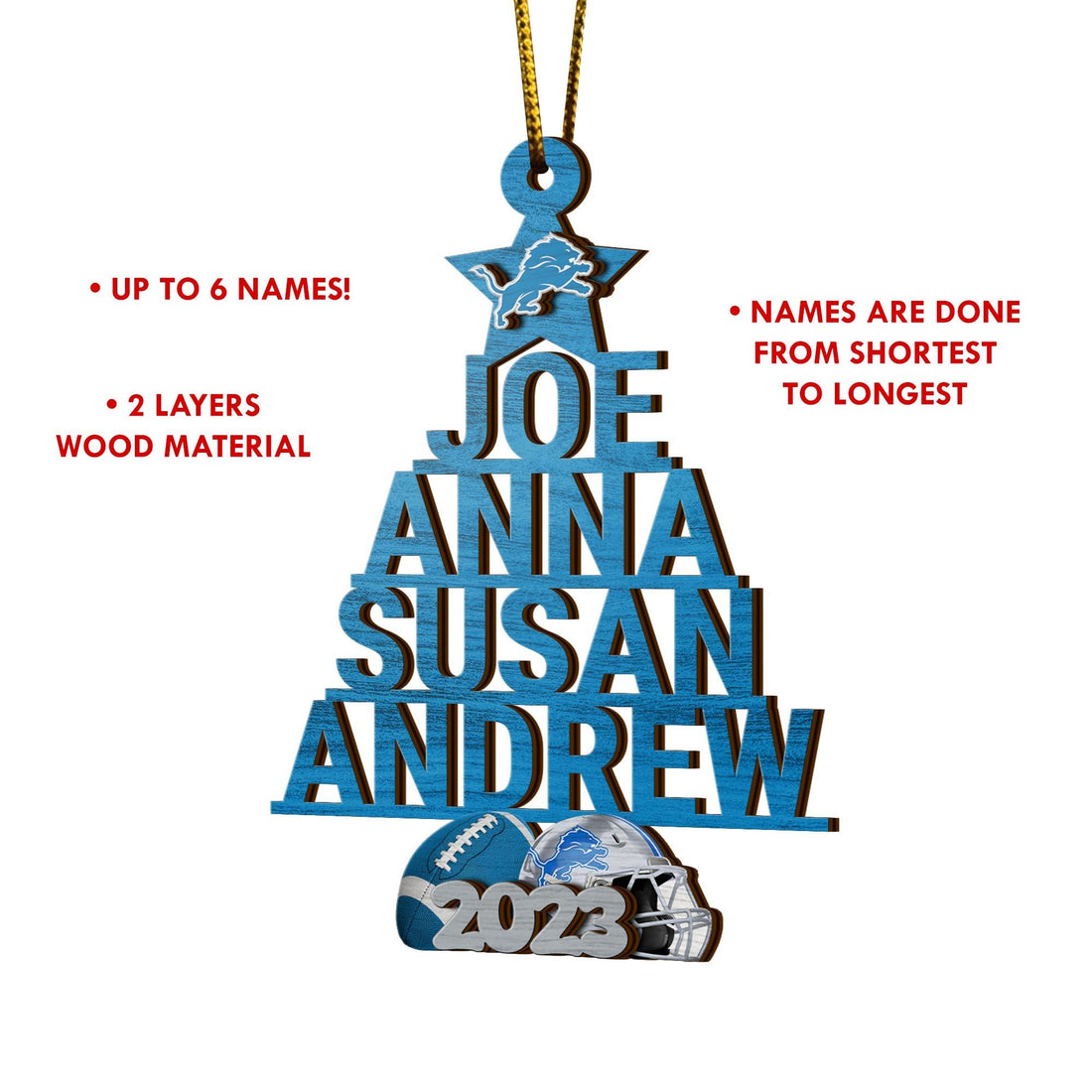 Detroit Lions 3 Layered Piece Wooden Ornament Custom Names And Choose Number Of Names, Sport Team And Christmas Tree Ornament, Sport Gifts ETRG-51794