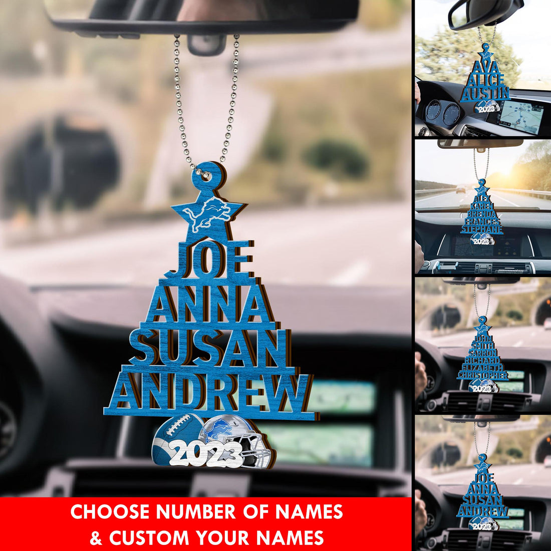Detroit Lions Car Ornament Custom Names And Choose Number Of Names, Sport Team And Christmas Tree Ornament ETRG-52189