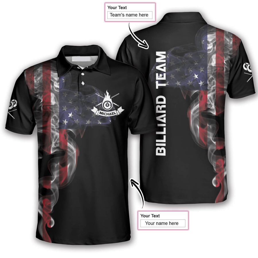 US FLag Smoke Pattern Custom Billiard Shirts for Men, Custom Billiard ball for Team, Men's Billiard Polo Shirts