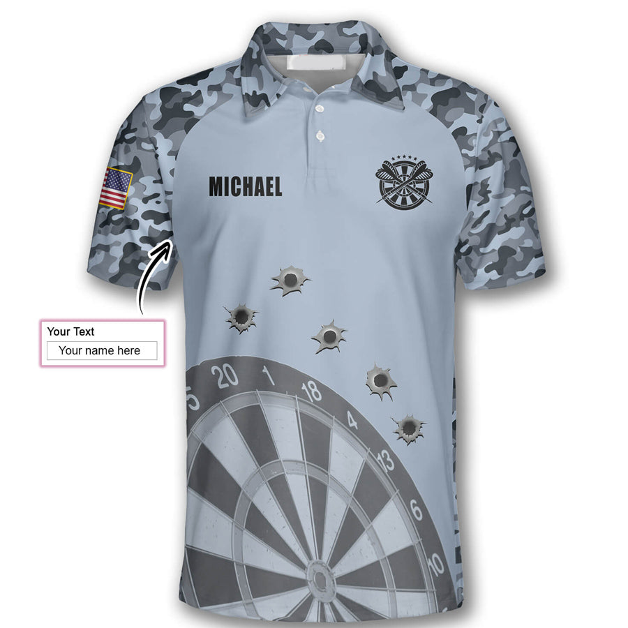 Darts Grey Camouflage Gun Holes Custom Polo Shirts for Men, Custom Dart Jersey for Team, Dartboard Shirts