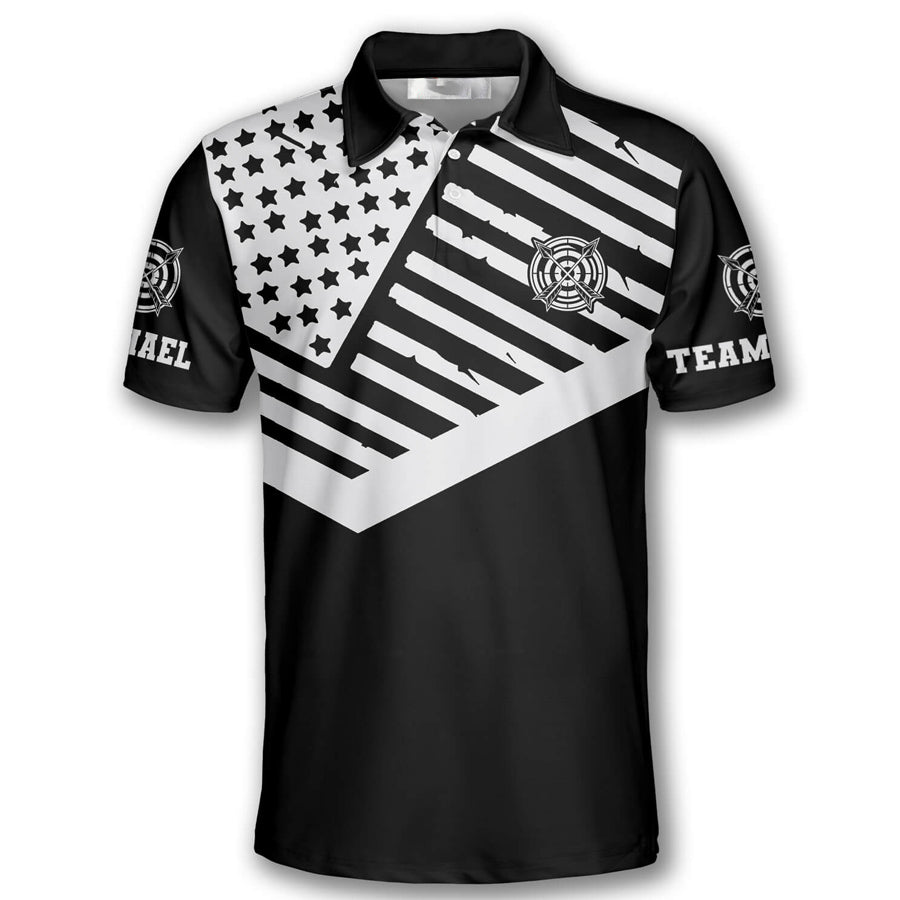 Black White American Flag Custom Archery Shirts for Men, Custom Archery Shirts for Team, Men's Archery Polo Shirts