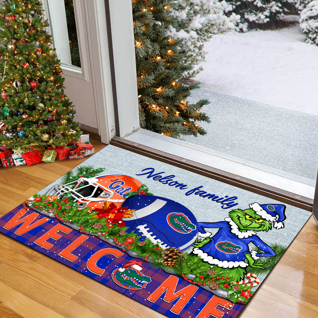 Florida Gators Football Team Doormat Personalized Your Family Name, Sport And Grinch Doormat, Football Lovers Gifts, Home Decorations ETHY-53152
