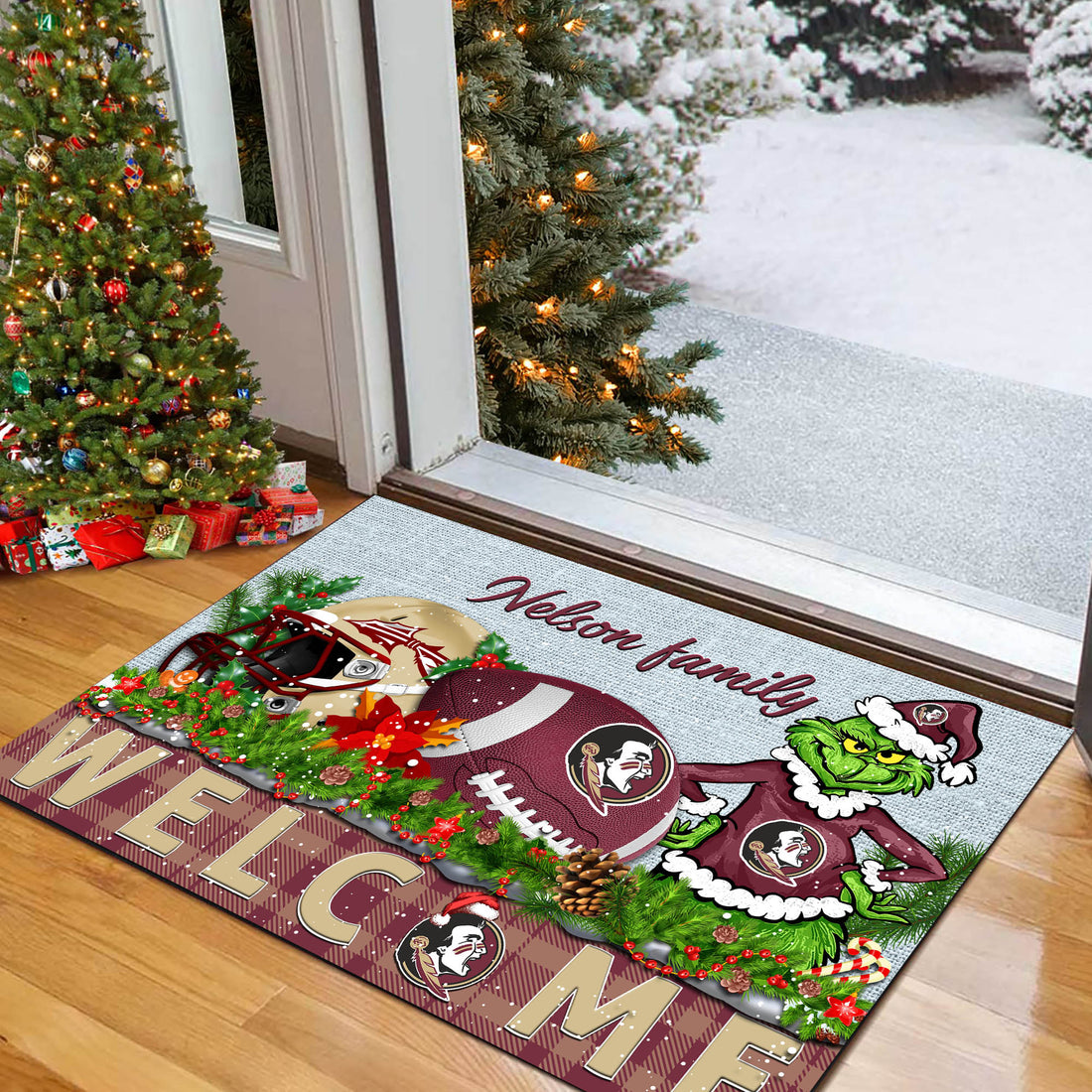 Florida State Seminoles Football Team Doormat Personalized Your Family Name, Sport And Grinch Doormat, Football Lovers Gifts, Home Decorations ETHY-53152