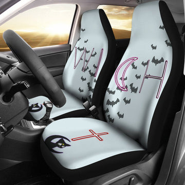 Halloween Car Seat Covers Witch Text Luna Cat Gothic Moon Flying Bat Seat Covers