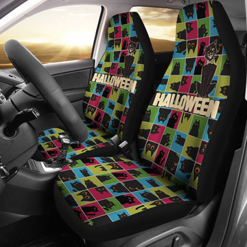 Halloween Car Seat Covers Retro Black Cat Emotion In Square Patterns Seat Covers