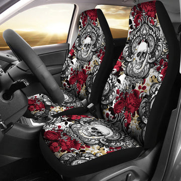 Gothic Skull And Red Roses Universal Fit Car Seat Covers, Skull Decoration For A Car