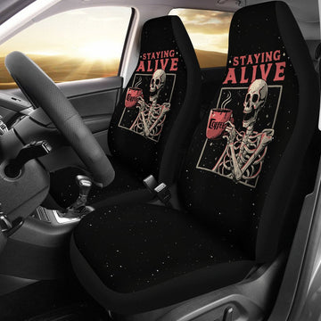 Halloween Car Seat Covers Staying Alive Skeleton Drinking Coffee Seat Covers