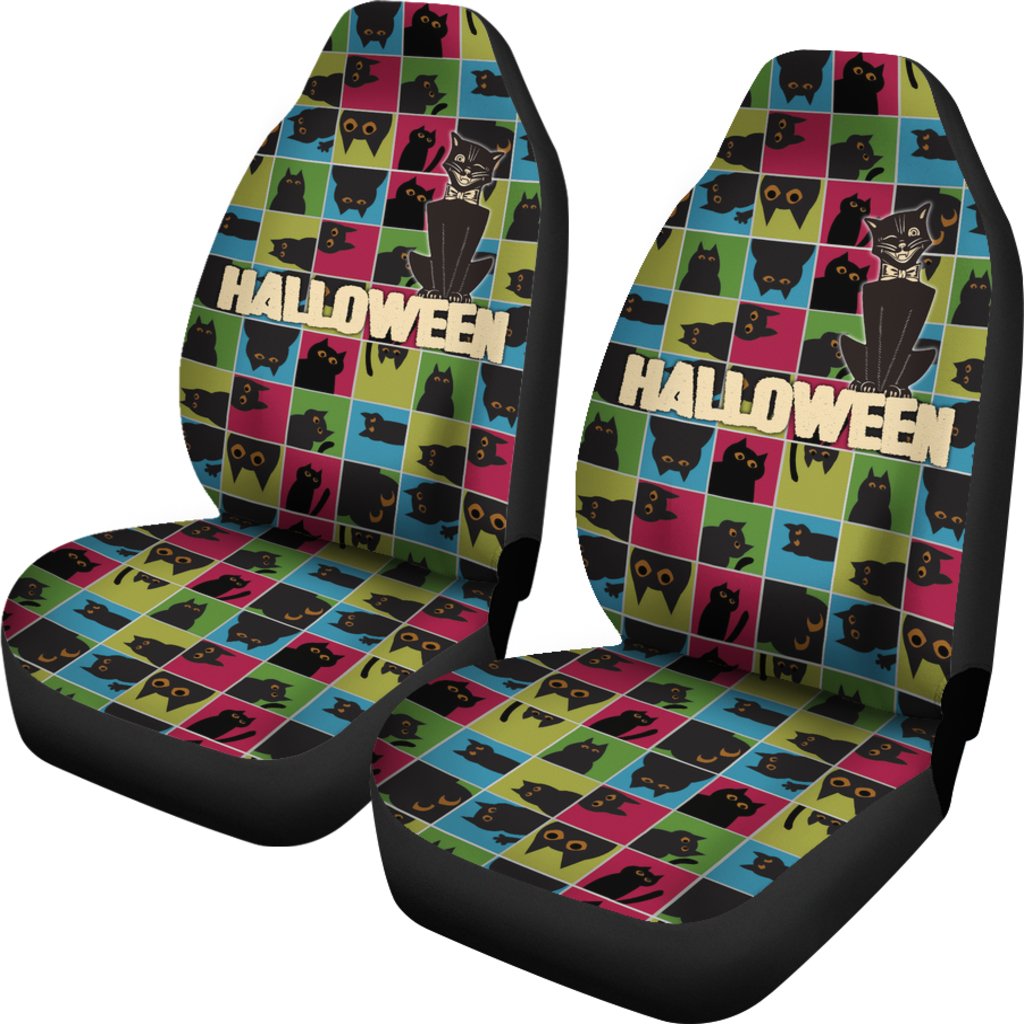 Halloween Car Seat Covers Retro Black Cat Emotion In Square Patterns Seat Covers