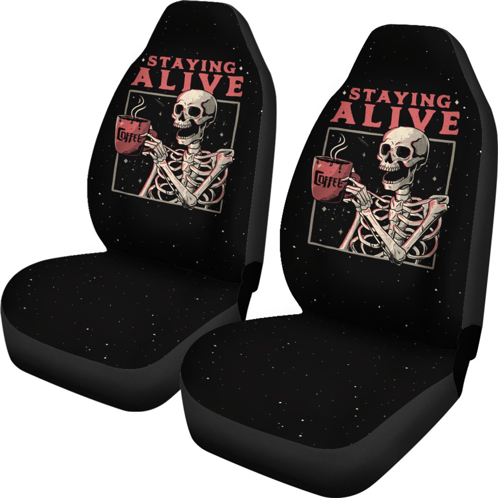 Halloween Car Seat Covers Staying Alive Skeleton Drinking Coffee Seat Covers