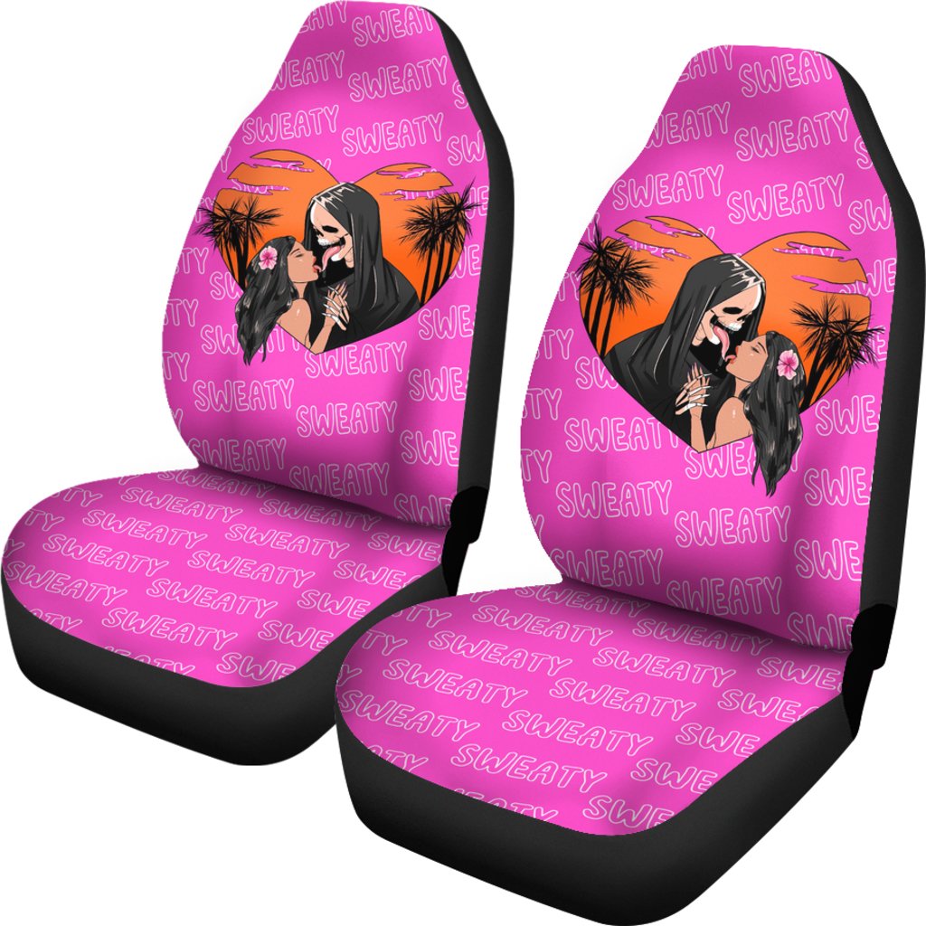 Halloween Car Seat Covers Sweaty Skeleton In Black Cloak Kiss The Girl Pink Seat Covers