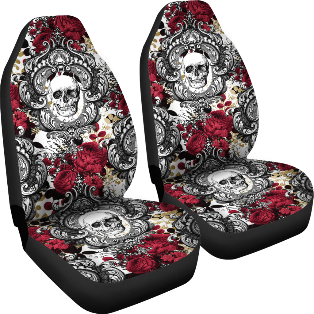 Gothic Skull And Red Roses Universal Fit Car Seat Covers, Skull Decoration For A Car